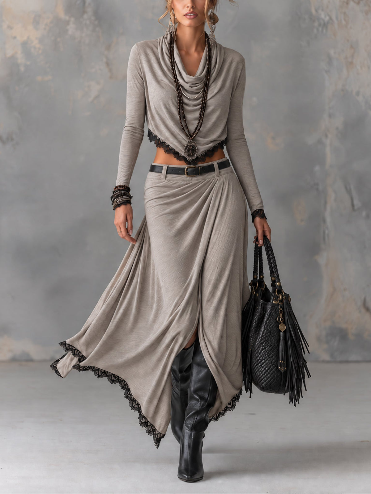 Idony draped top and maxi skirt set in grey, full-length front view
