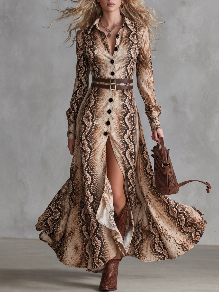 Esther reptile print belted maxi shirt dress front view