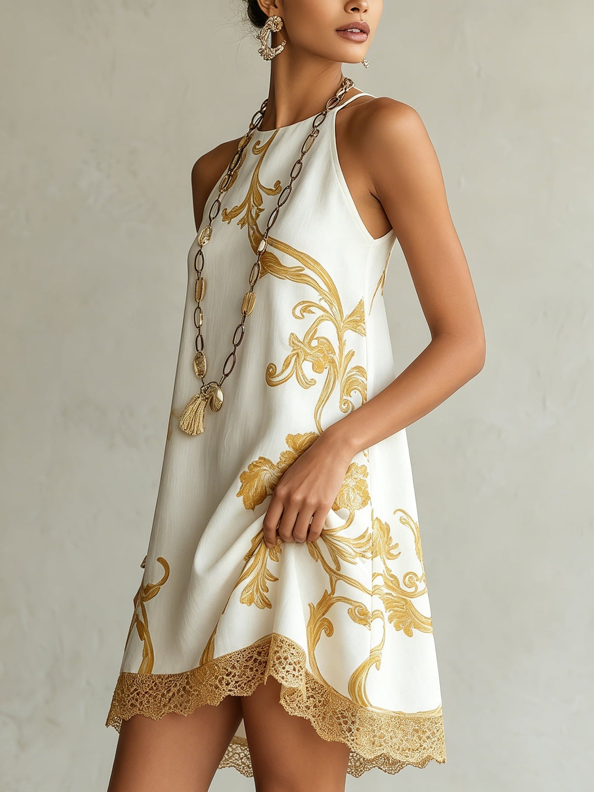 HÉLOÏSE | WHITE LACE MINI DRESS WITH GOLD DETAILS