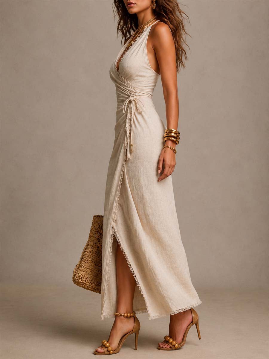 Isabella | Beige Linen-Blend Wrap Maxi Dress with Lace