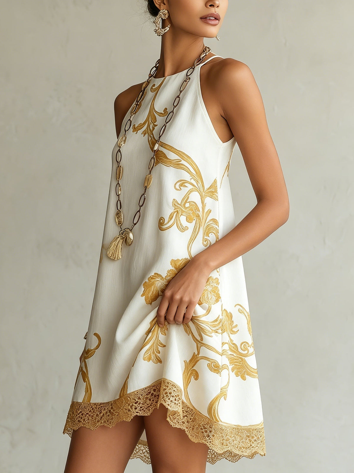 Héloïse | White Lace Mini Dress with Gold Floral Print