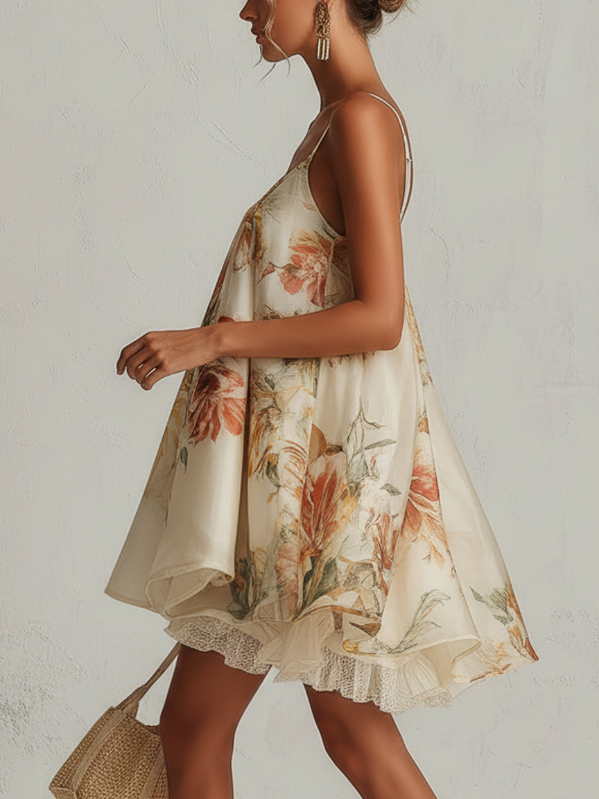 BLANCHE | BEIGE FLORAL ORGANZA A-LINE MINI DRESS WITH LACE TRIM