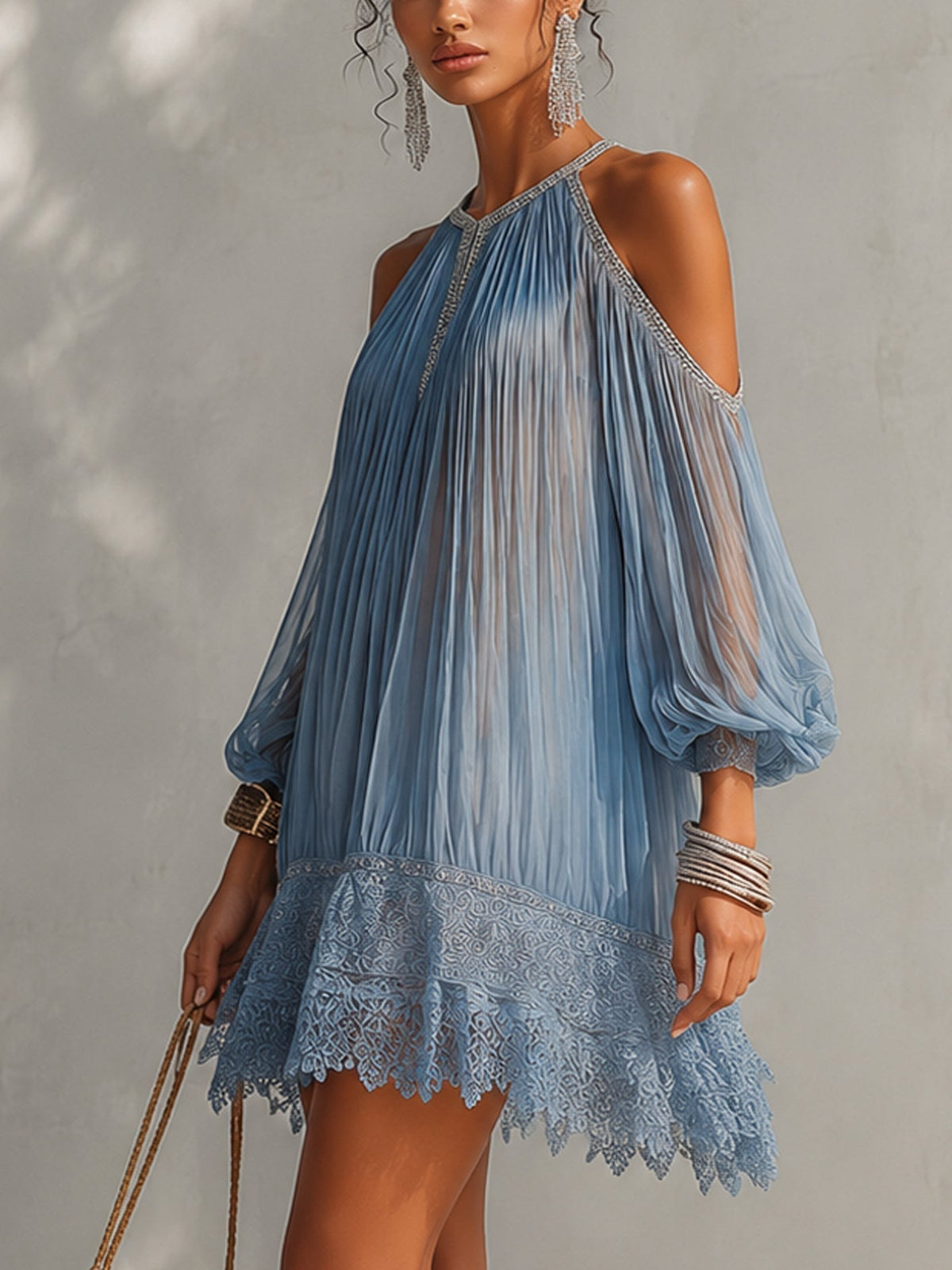 Céleste | Blue Off-Shoulder Ruched Mini Dress with Lace Hem