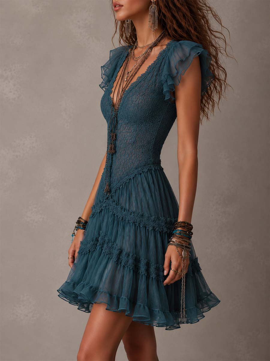 DELPHINE | RETRO BLUE LACE RUFFLE MINI DRESS