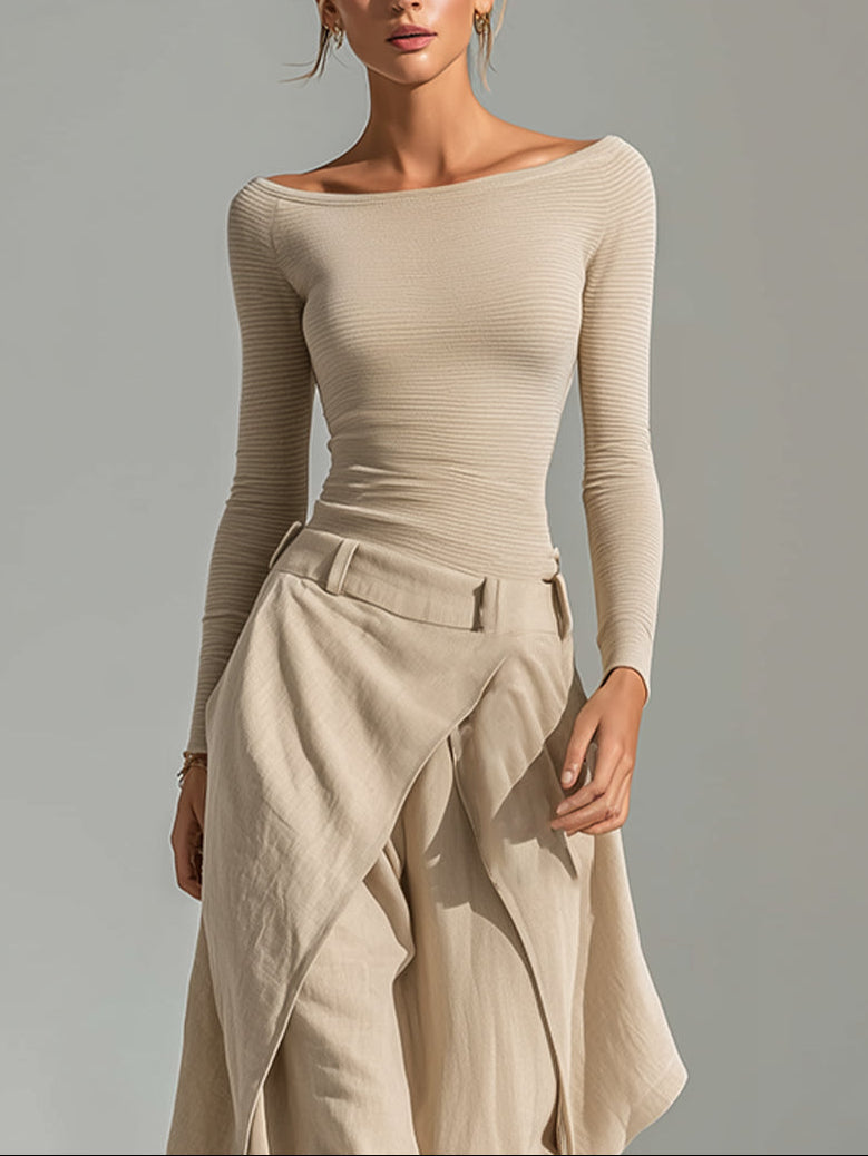 Éveline | Beige Boat-Neck Top & Wide-Leg Ruffle Trousers Set
