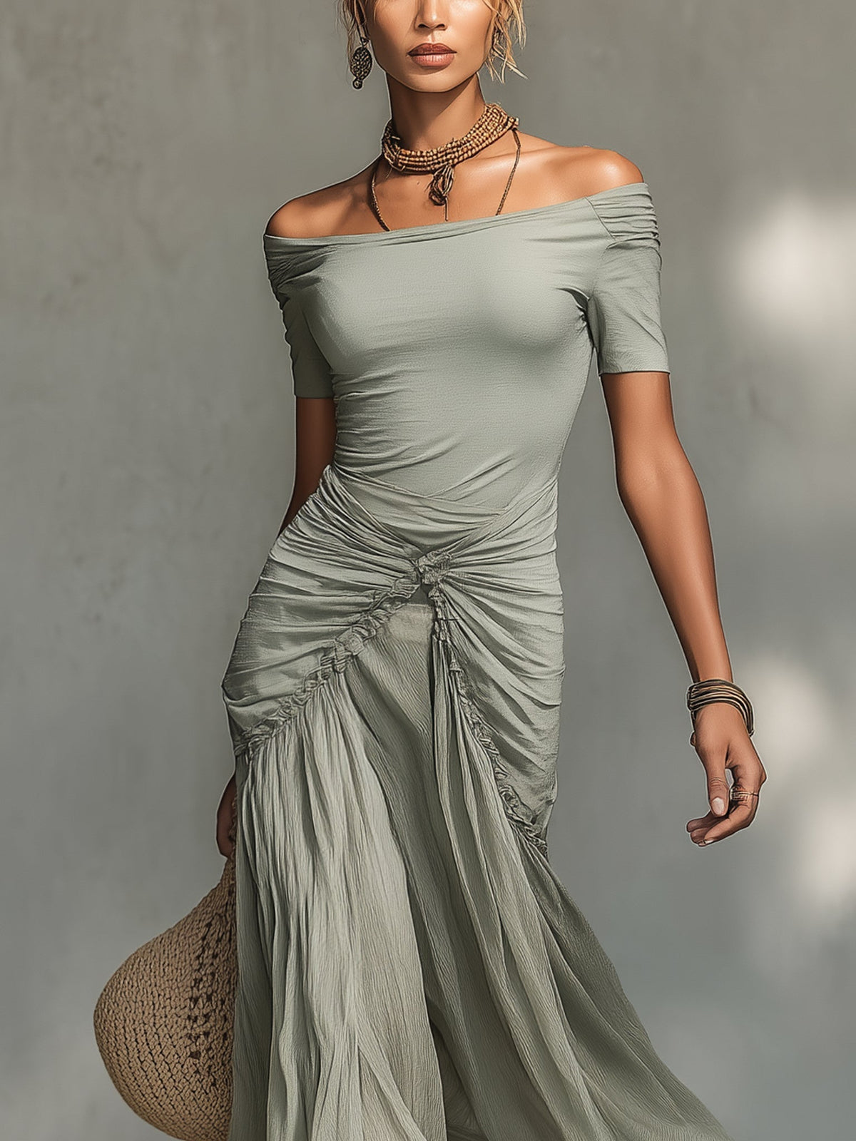 Bellamy off-shoulder ruched chiffon maxi dress in grey, bodice close-up