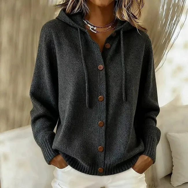 Goldie hooded knit cardigan in black, front view