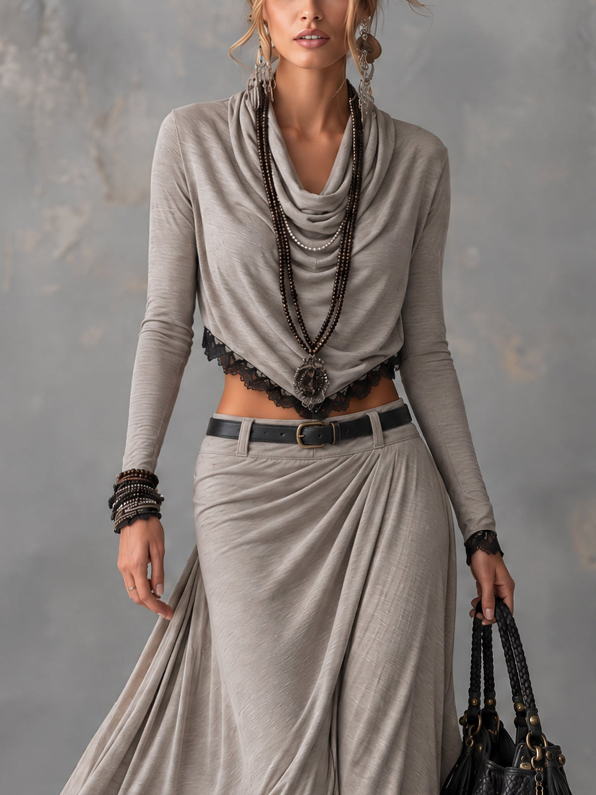 Idony draped top and maxi skirt set in grey, cowl neck detail