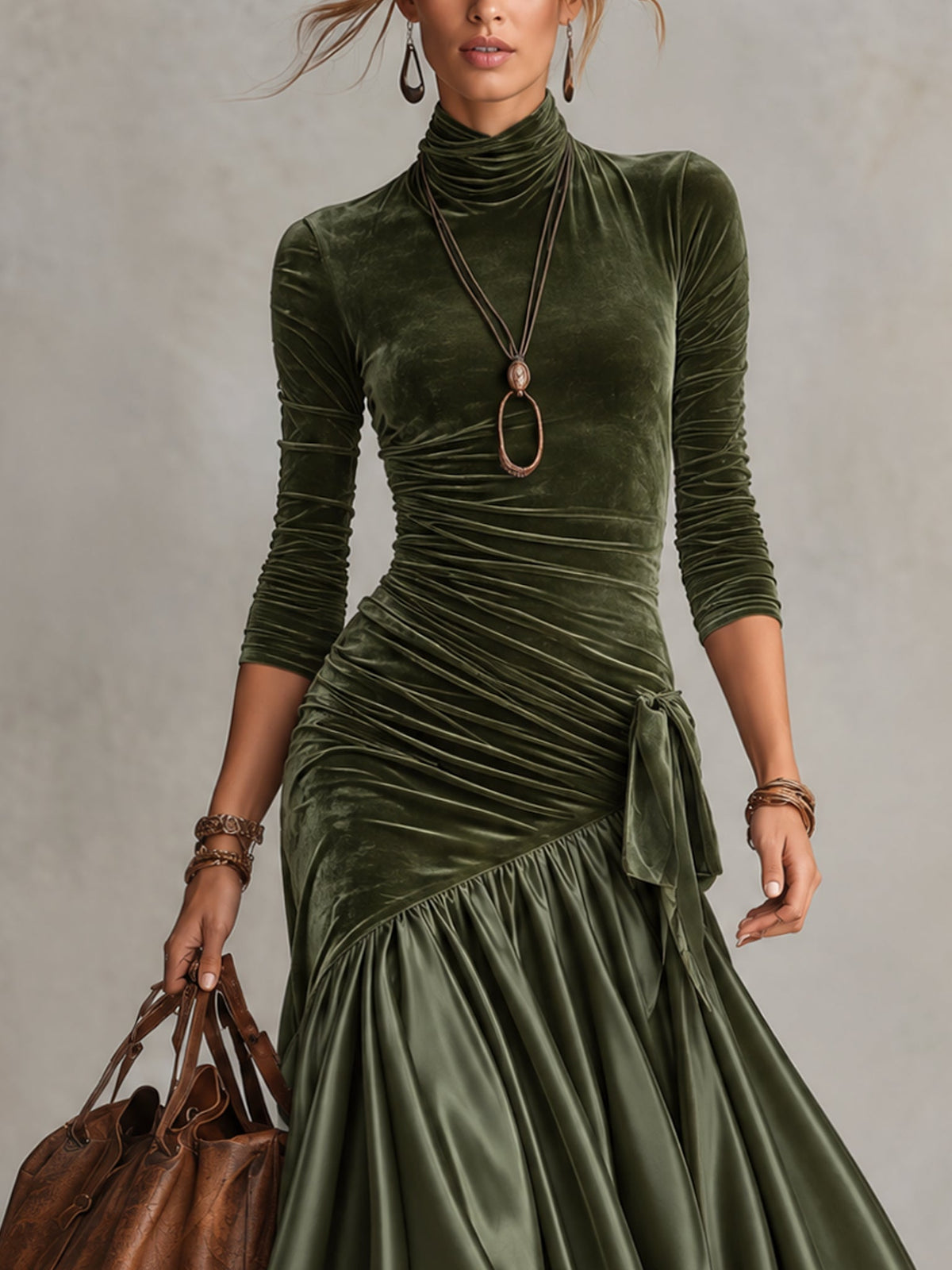 Benedicta velvet and satin maxi dress in olive green, bodice detail
