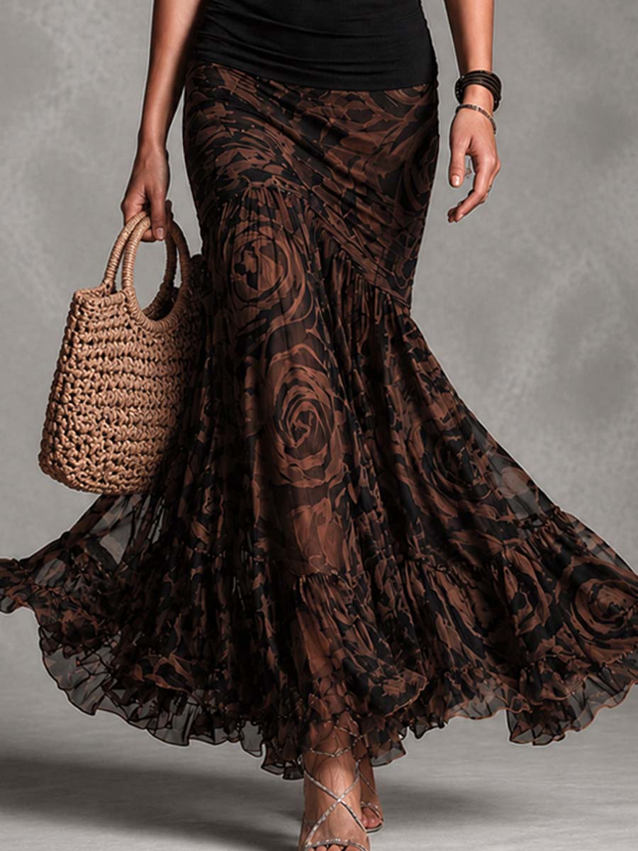 Rossana | Black Halter Top & Rose Mesh Maxi Skirt Set