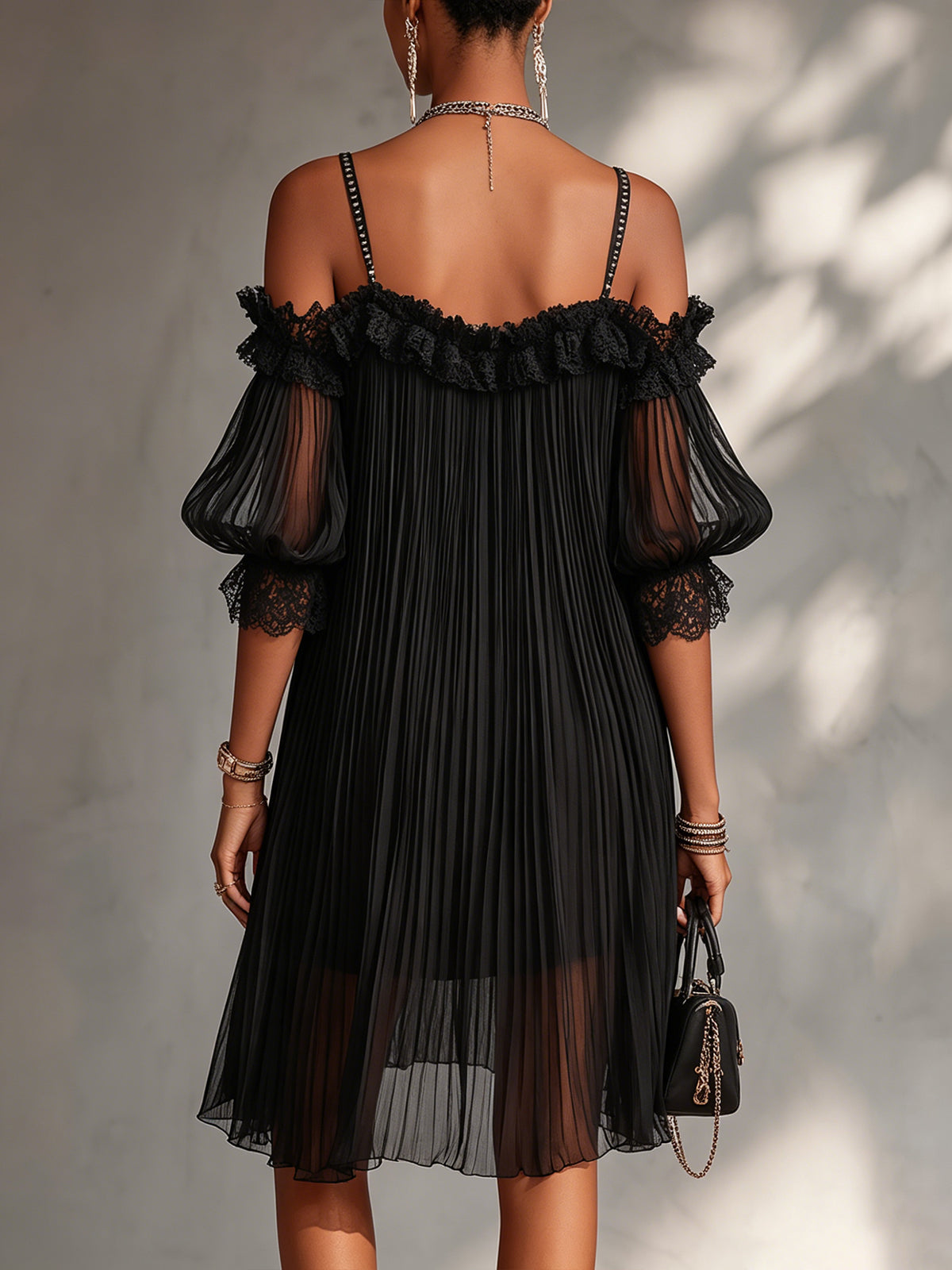 CAMILLE | BLACK OFF-SHOULDER MINI DRESS WITH LACE TRIM