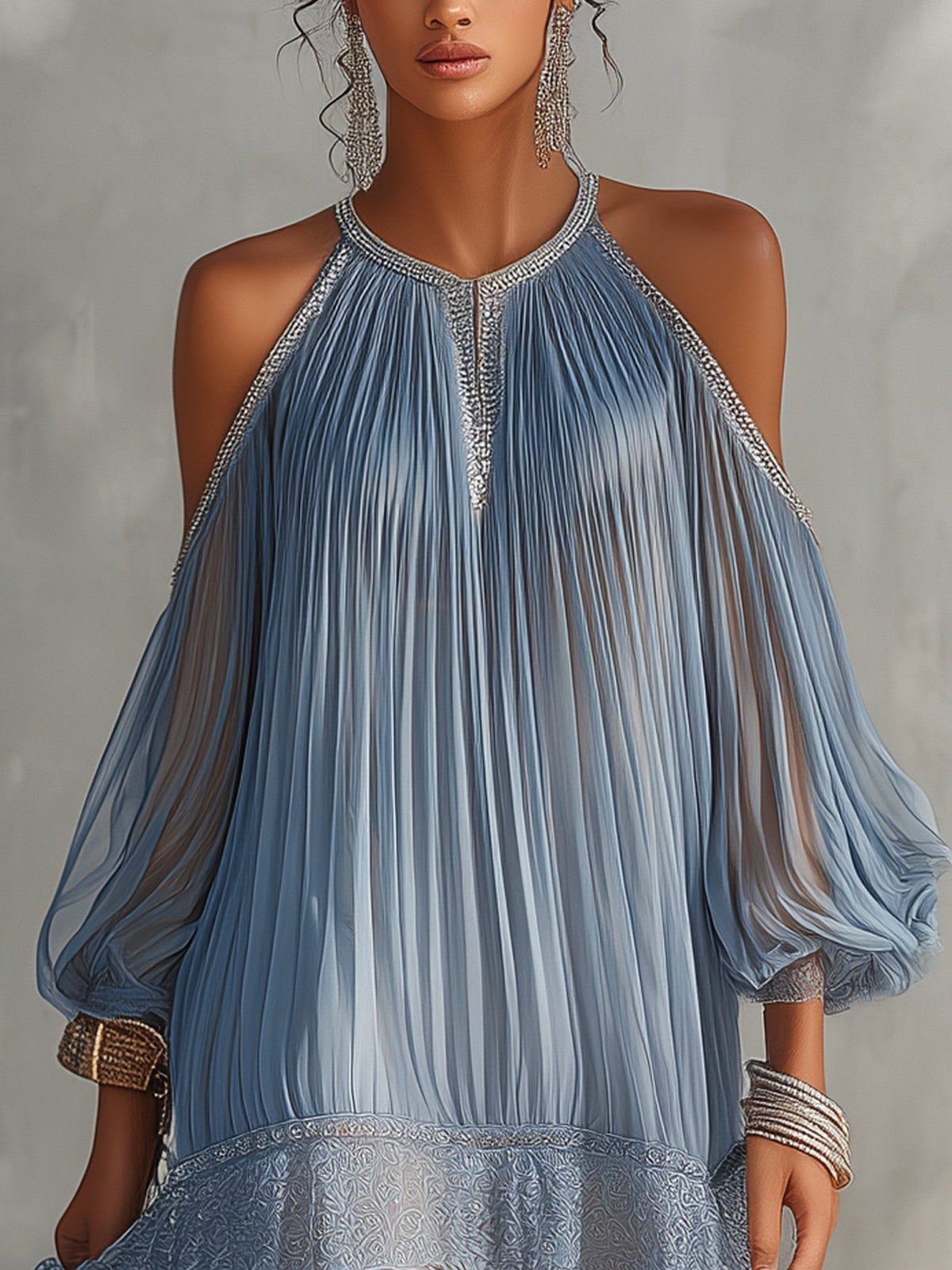 Céleste | Blue Off-Shoulder Ruched Mini Dress with Lace Hem