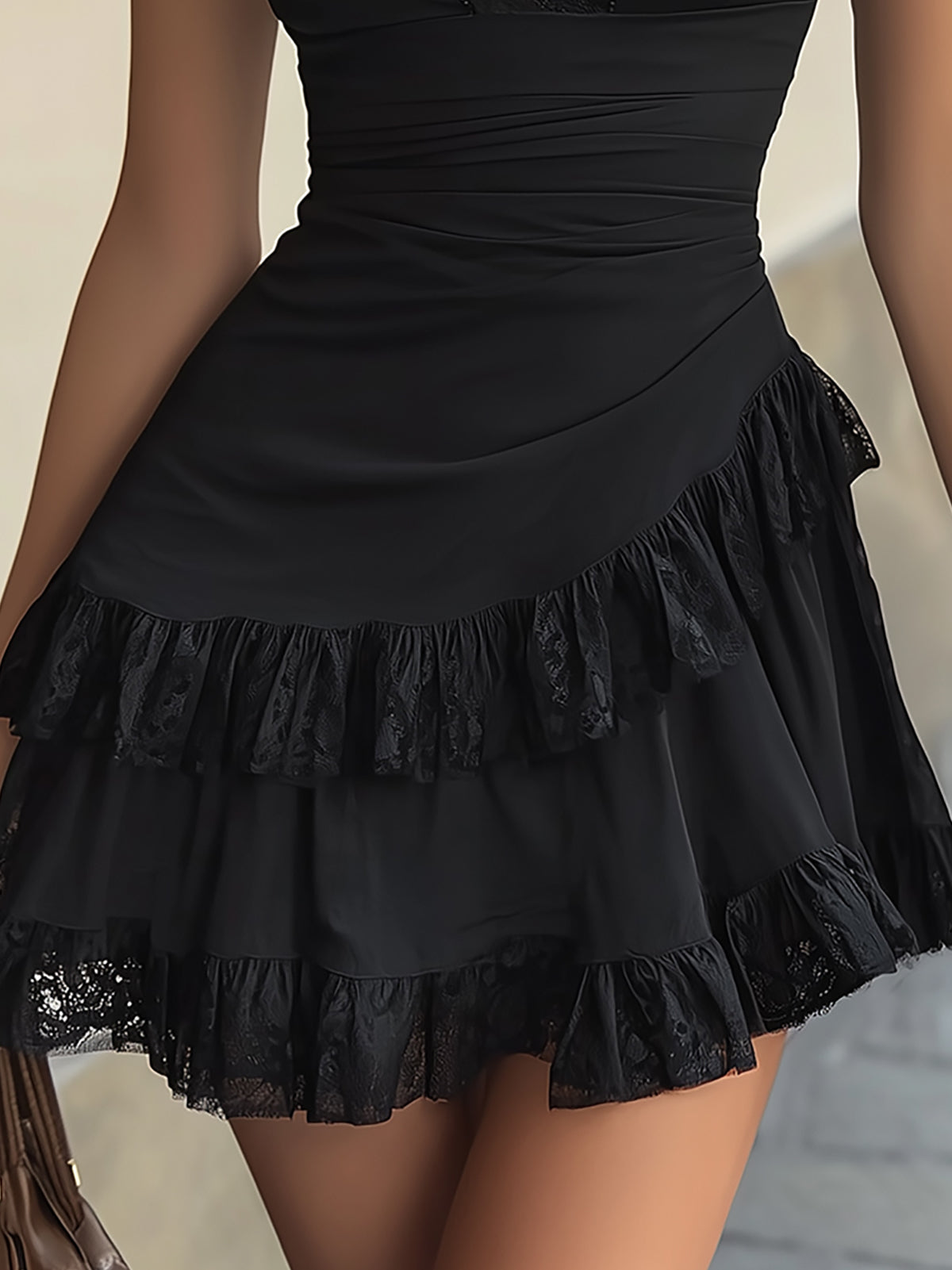 ESTELLE | BLACK LACE RUFFLE V-NECK MINI DRESS