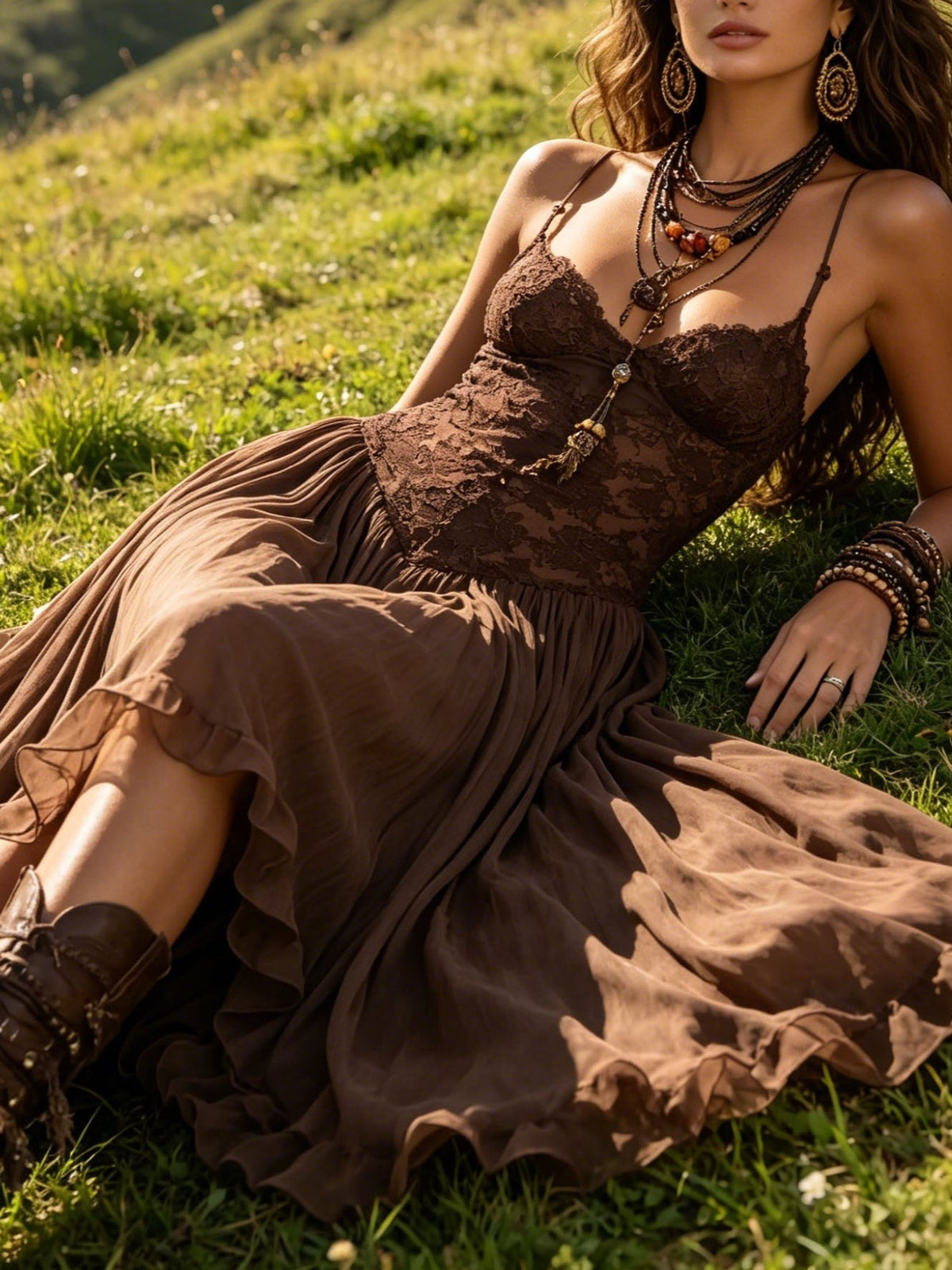 Federica | Brown Lace & Chiffon Maxi Dress