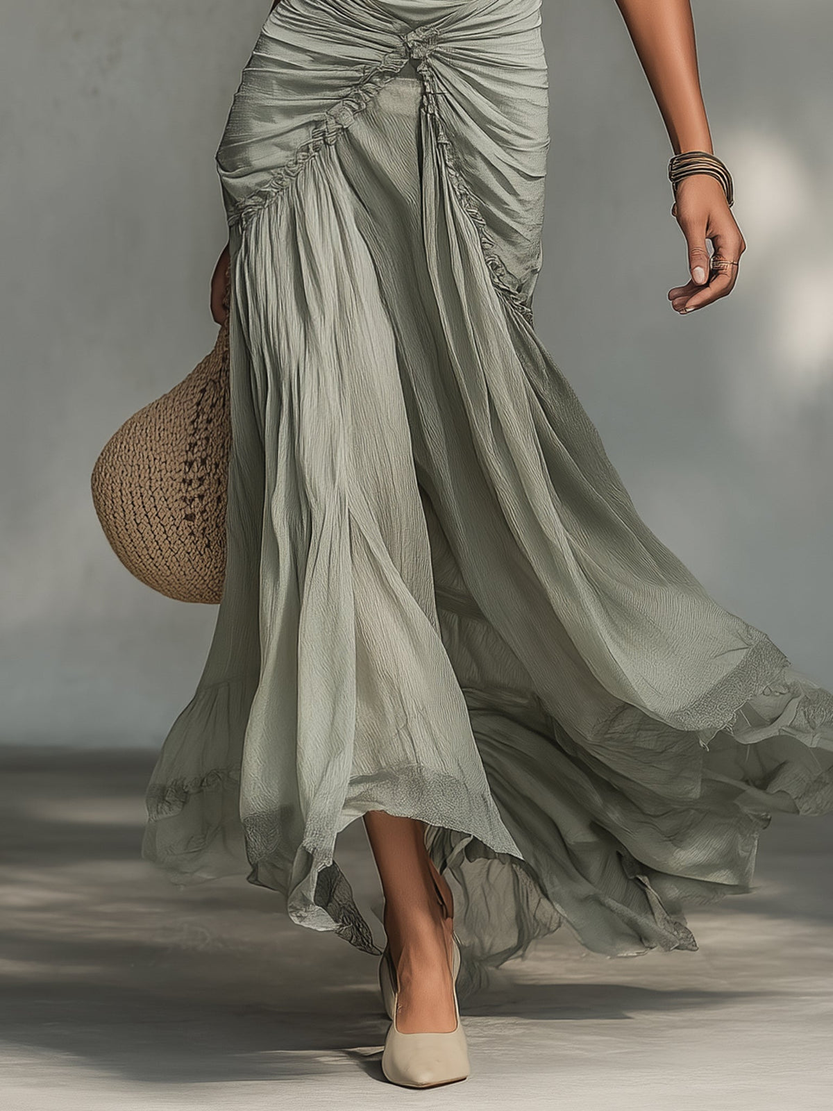 Bellamy off-shoulder ruched chiffon maxi dress in grey, skirt detail