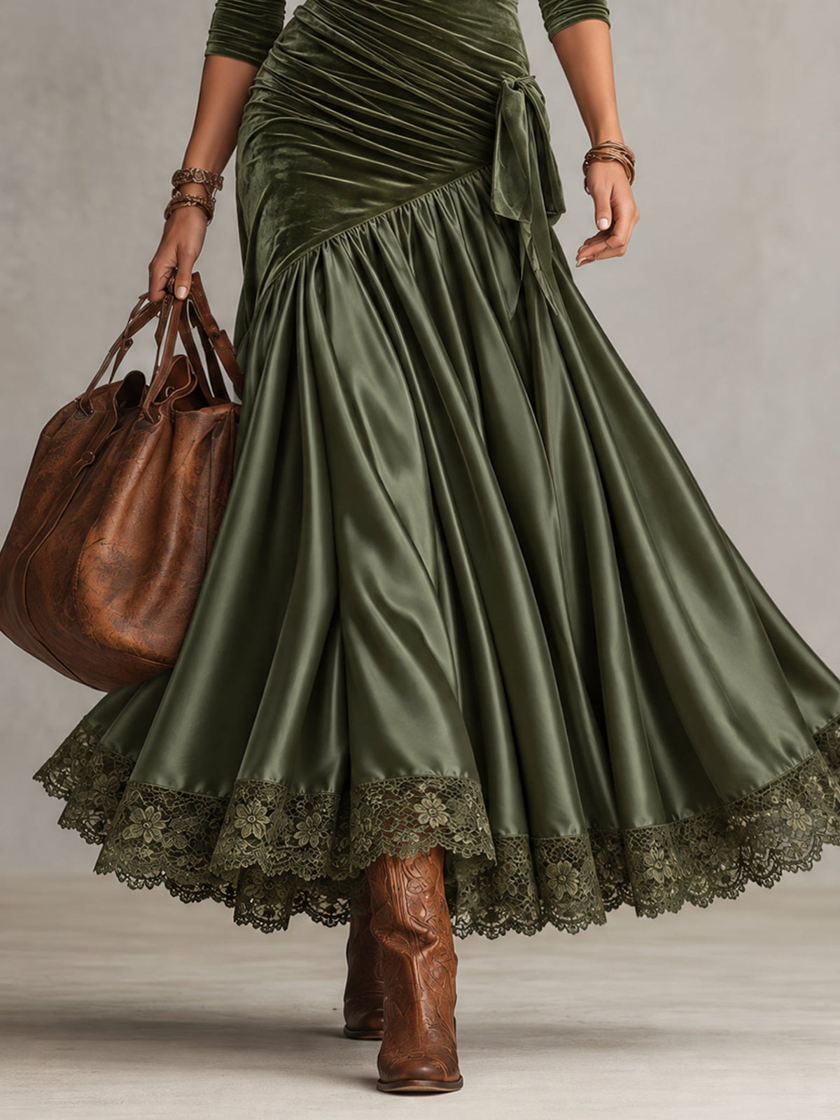 Benedicta velvet and satin maxi dress in olive green, lace hem detail