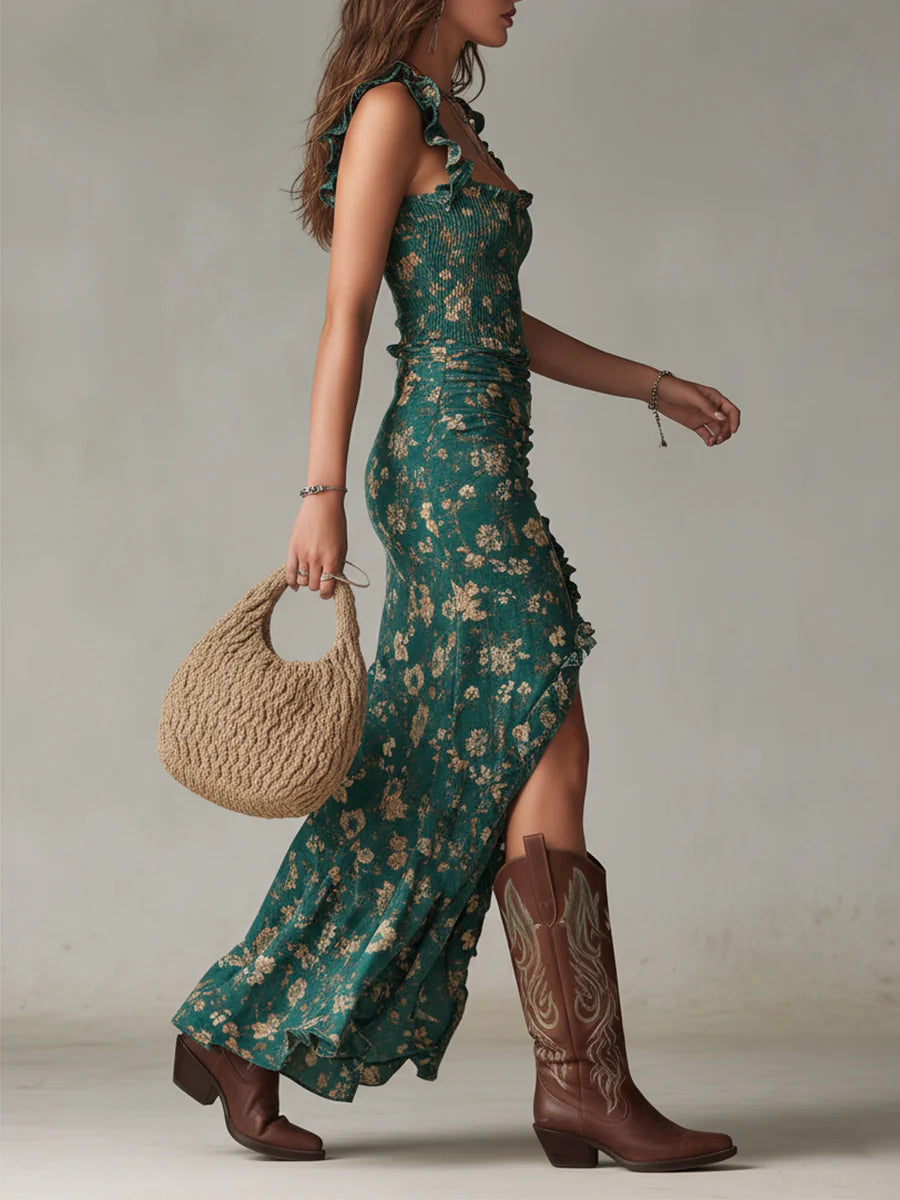 Keziah floral maxi dress in green, side view