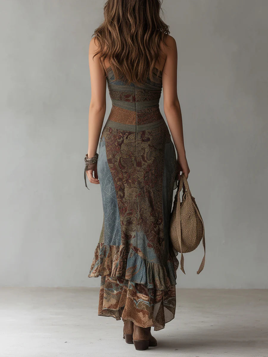Damara printed one-shoulder maxi dress in grey, back view