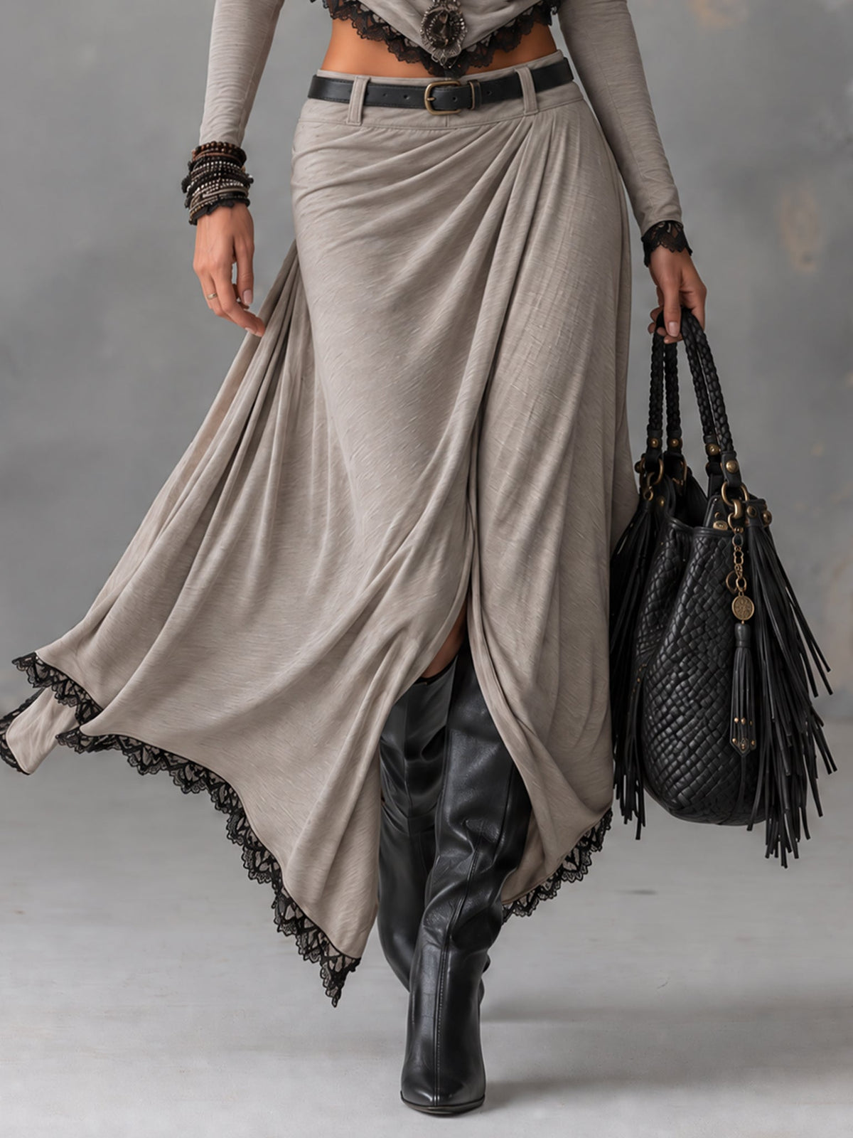 Idony draped top and maxi skirt set in grey, skirt detail