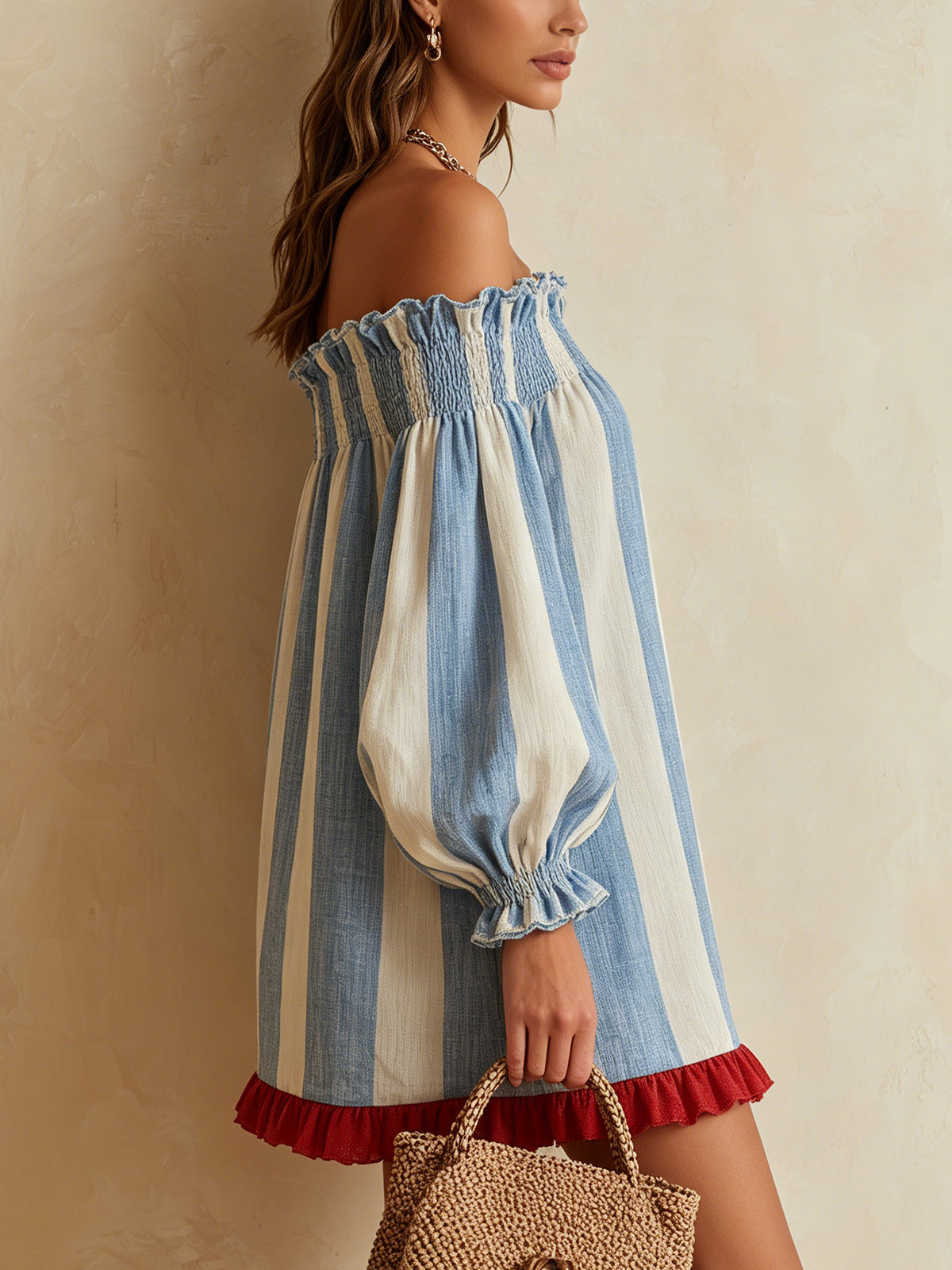 ONDINE | BLUE AND WHITE STRIPED OFF-SHOULDER MINI DRESS