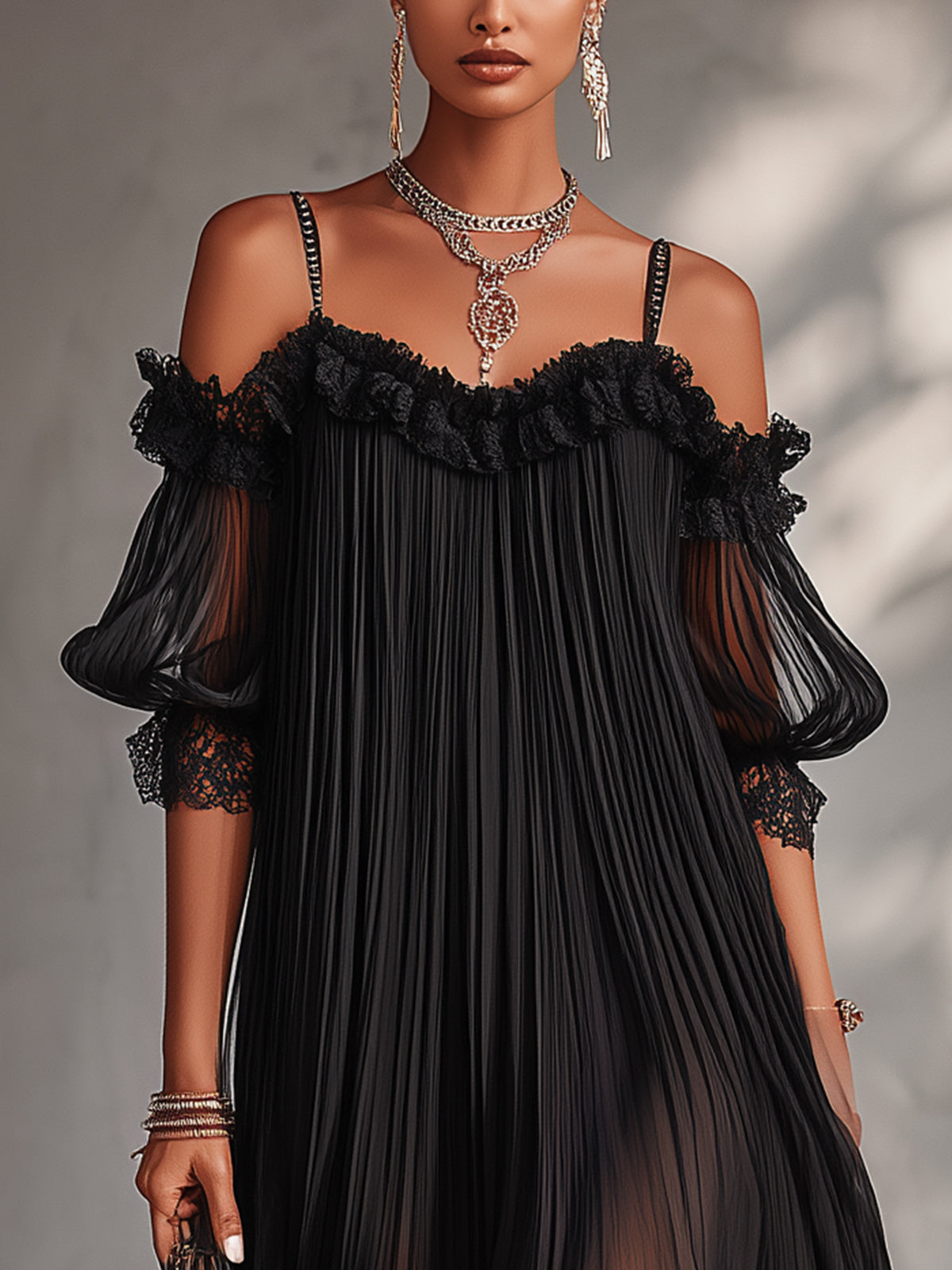 CAMILLE | BLACK OFF-SHOULDER MINI DRESS WITH LACE TRIM
