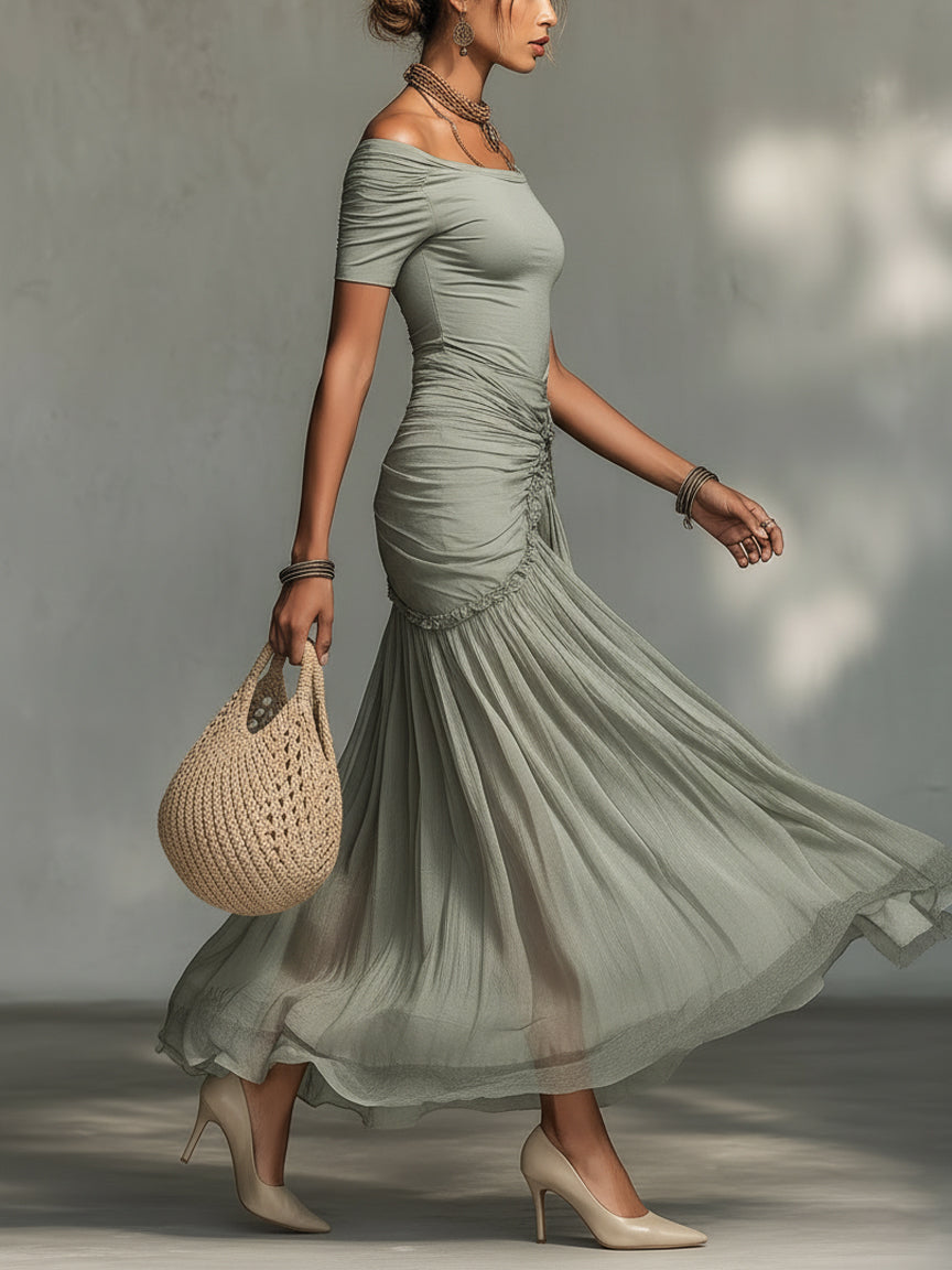 Bellamy off-shoulder ruched chiffon maxi dress in grey, side view