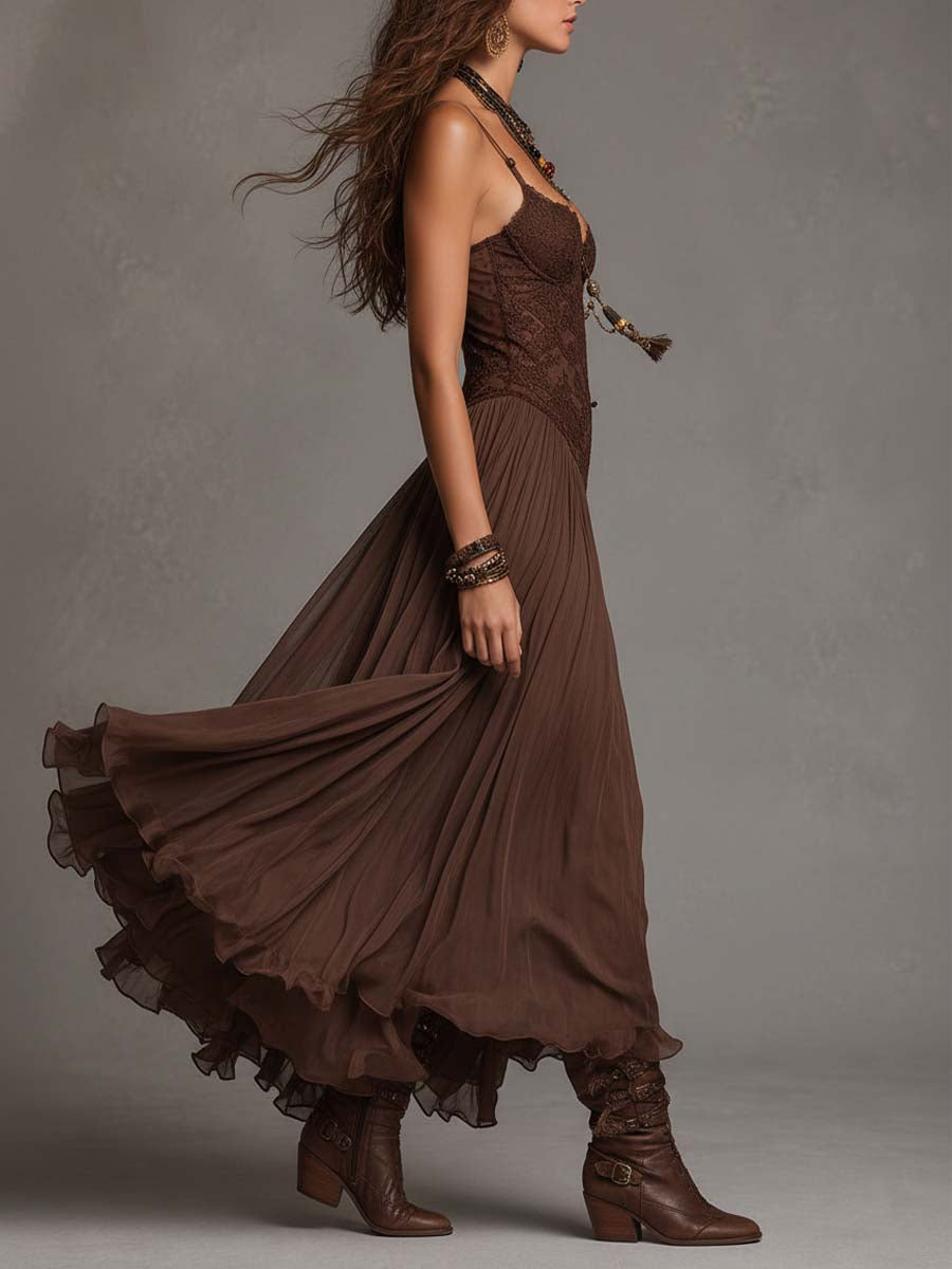 Federica | Brown Lace & Chiffon Maxi Dress
