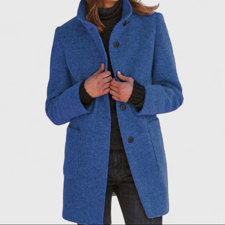 Leonora classic stand-collar coat in blue, front view