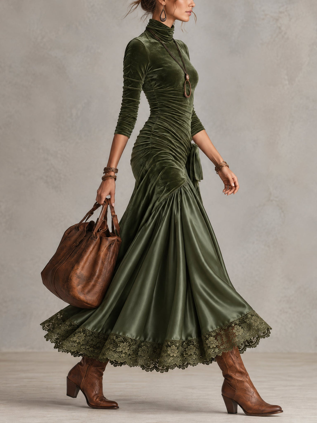Benedicta velvet and satin maxi dress in olive green, side view