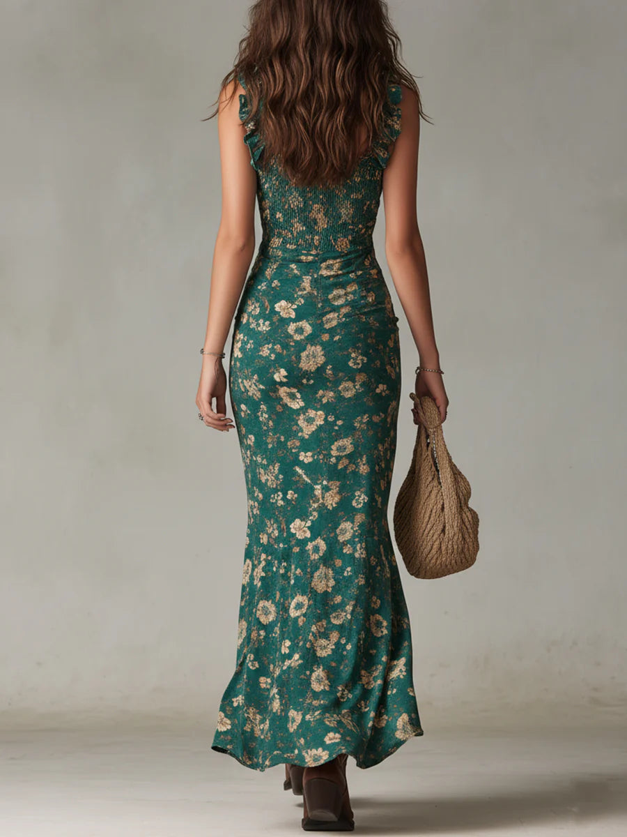 Keziah floral maxi dress in green, back view