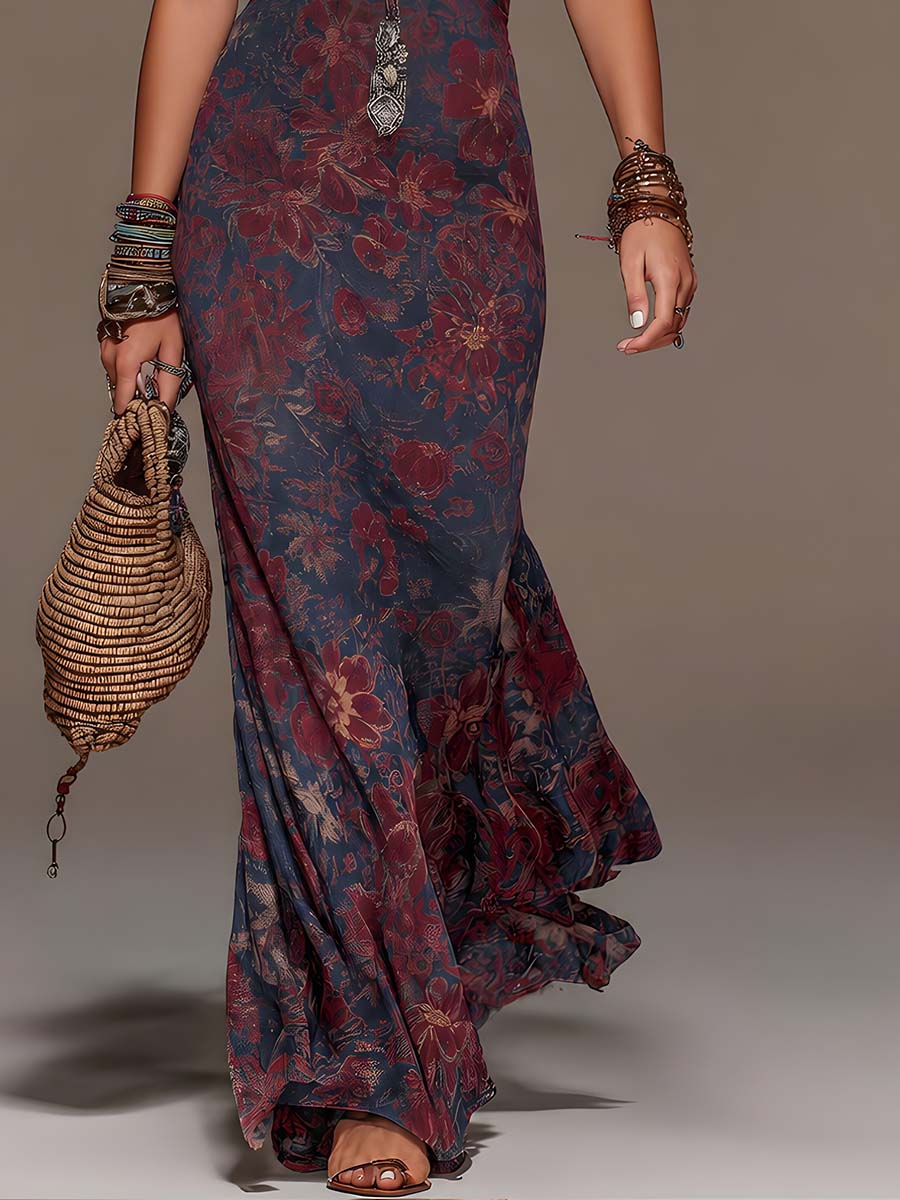 Hesper lace halterneck floral fishtail maxi dress in navy, detail of fishtail hem