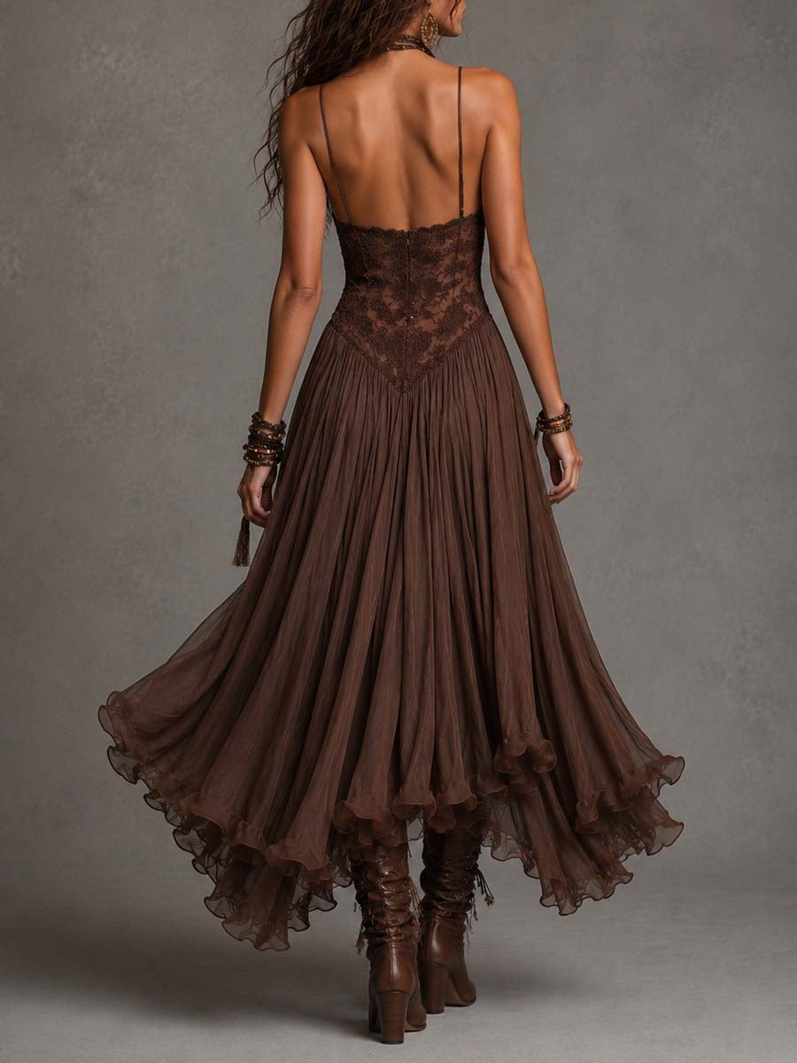 Federica | Brown Lace & Chiffon Maxi Dress