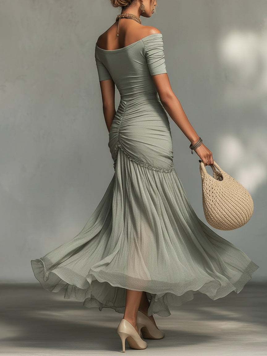 Bellamy off-shoulder ruched chiffon maxi dress in grey, back view