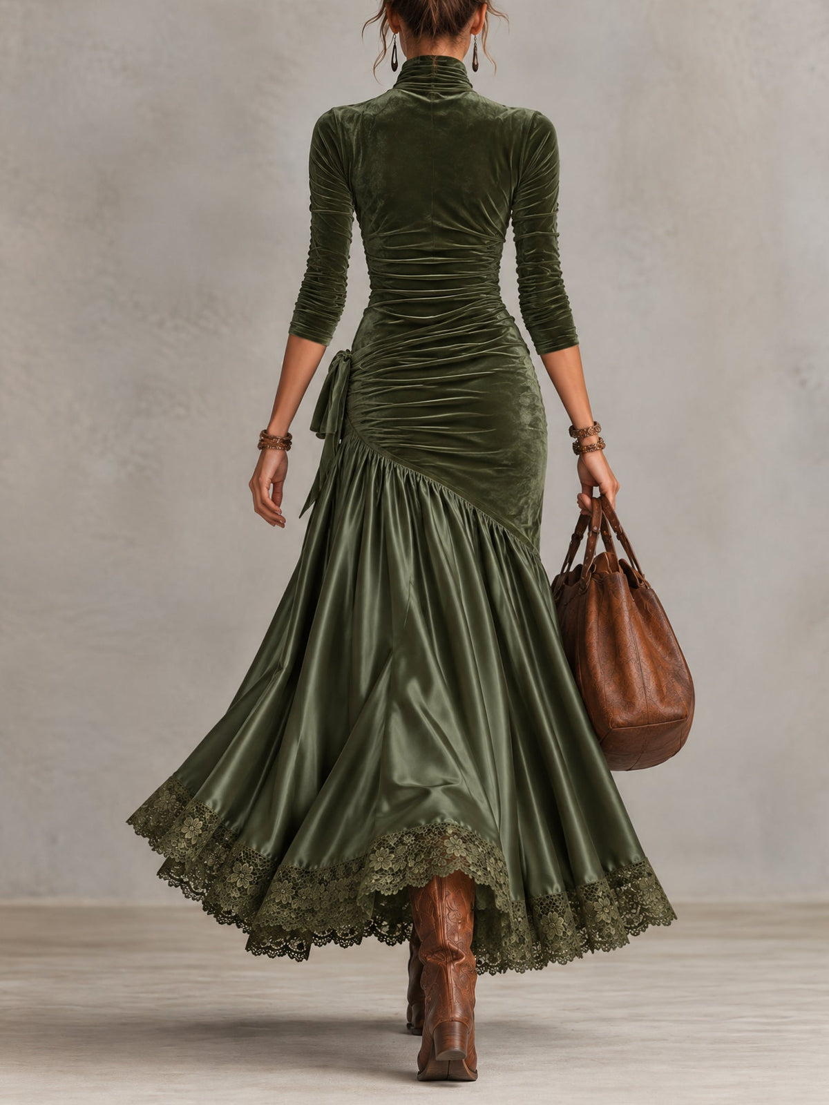 Benedicta velvet and satin maxi dress in olive green, back view