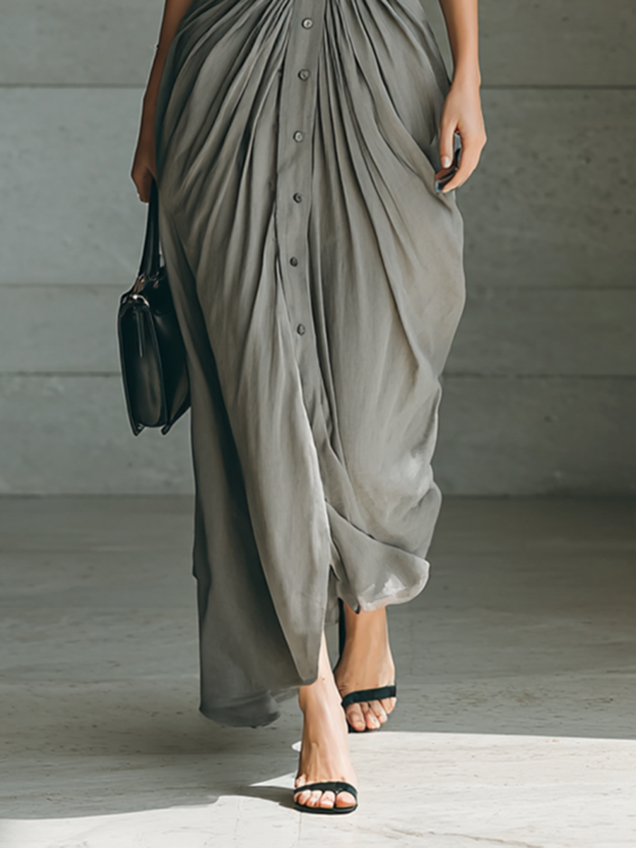 Angharad pleated maxi shirt dress in grey, skirt detail