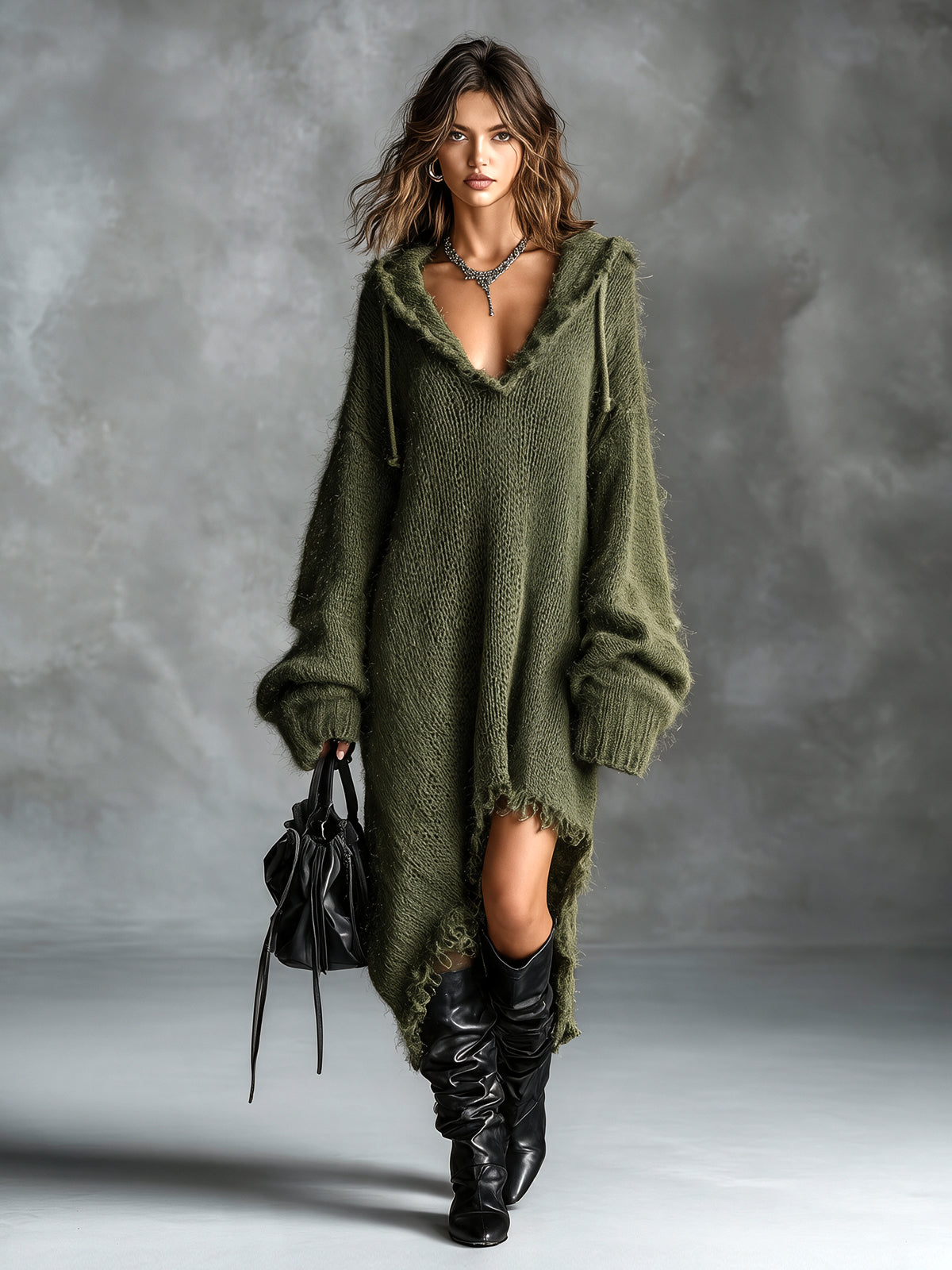 Maudie hooded soft knit midi dress in green, alternate view
