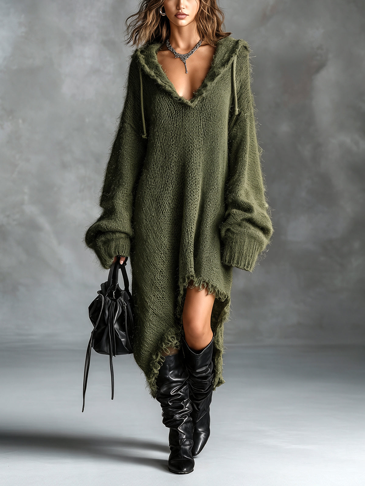 Maudie hooded soft knit midi dress in green, front view