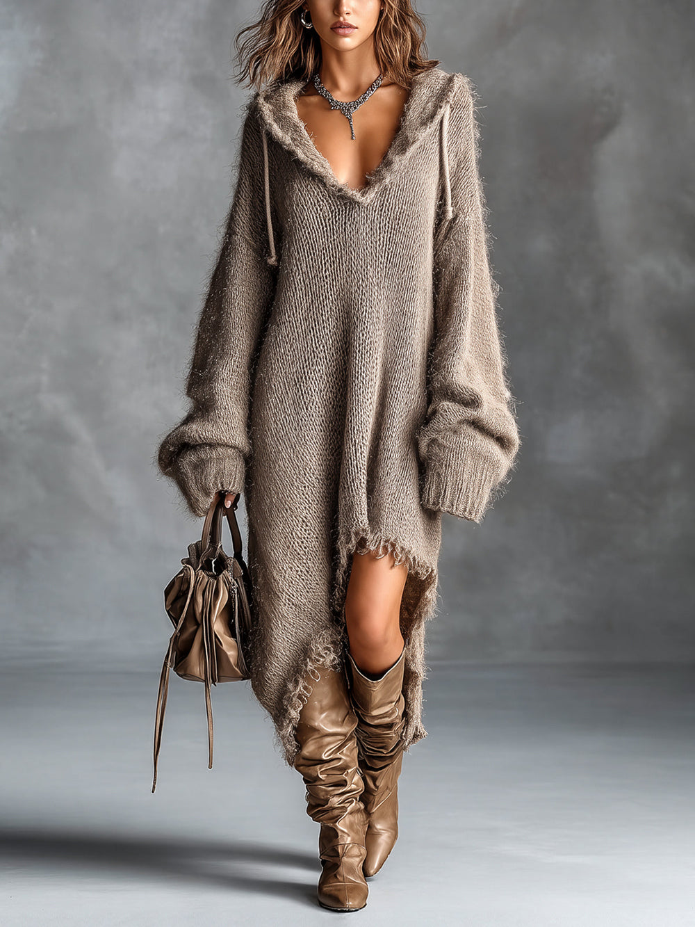 Maudie hooded soft knit midi dress in brown, front view with boots