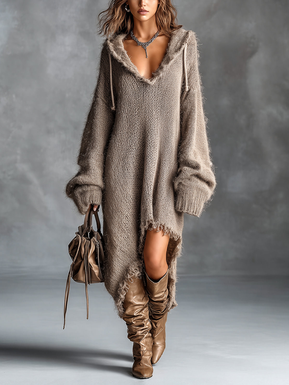 Maudie hooded soft knit midi dress in brown, front view with boots