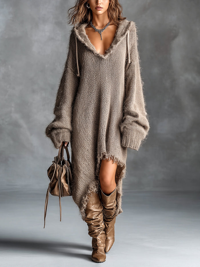 Maudie hooded soft knit midi dress in brown, front view with boots