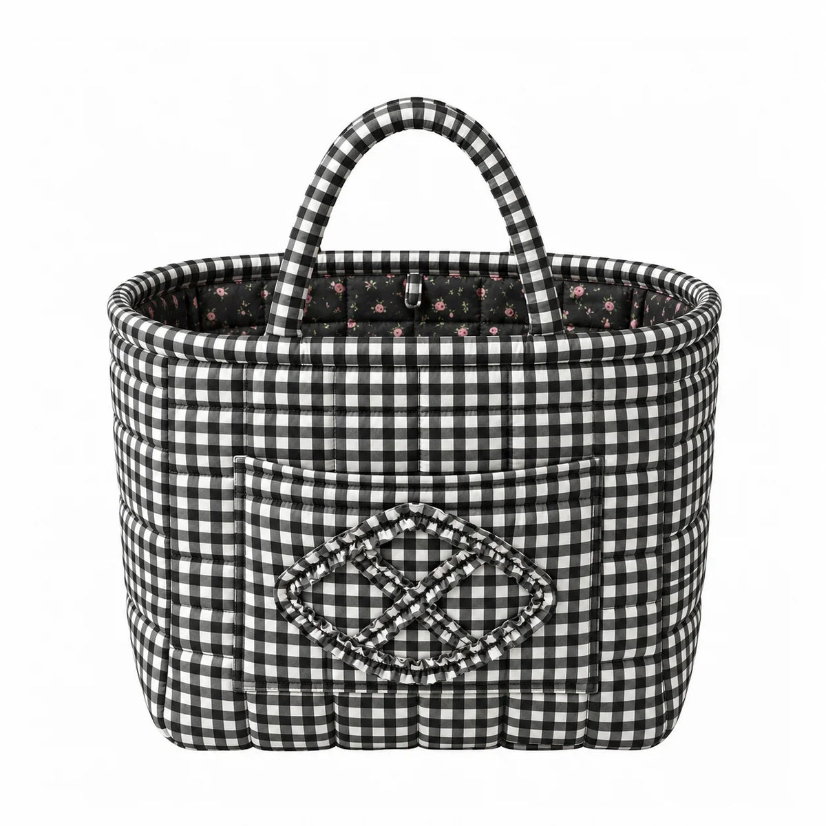 Mabel quilted everything basket in Black Gingham, front view