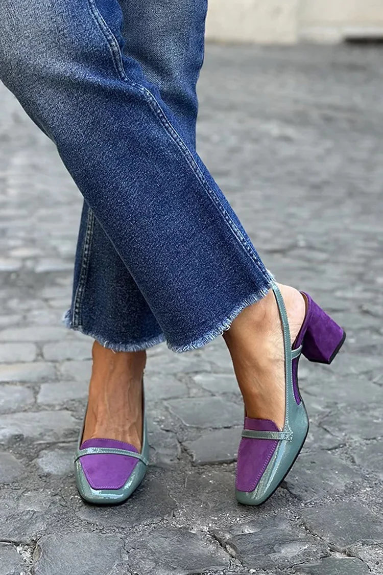 Purple Square-Toe Patchwork Slingback Block Heels