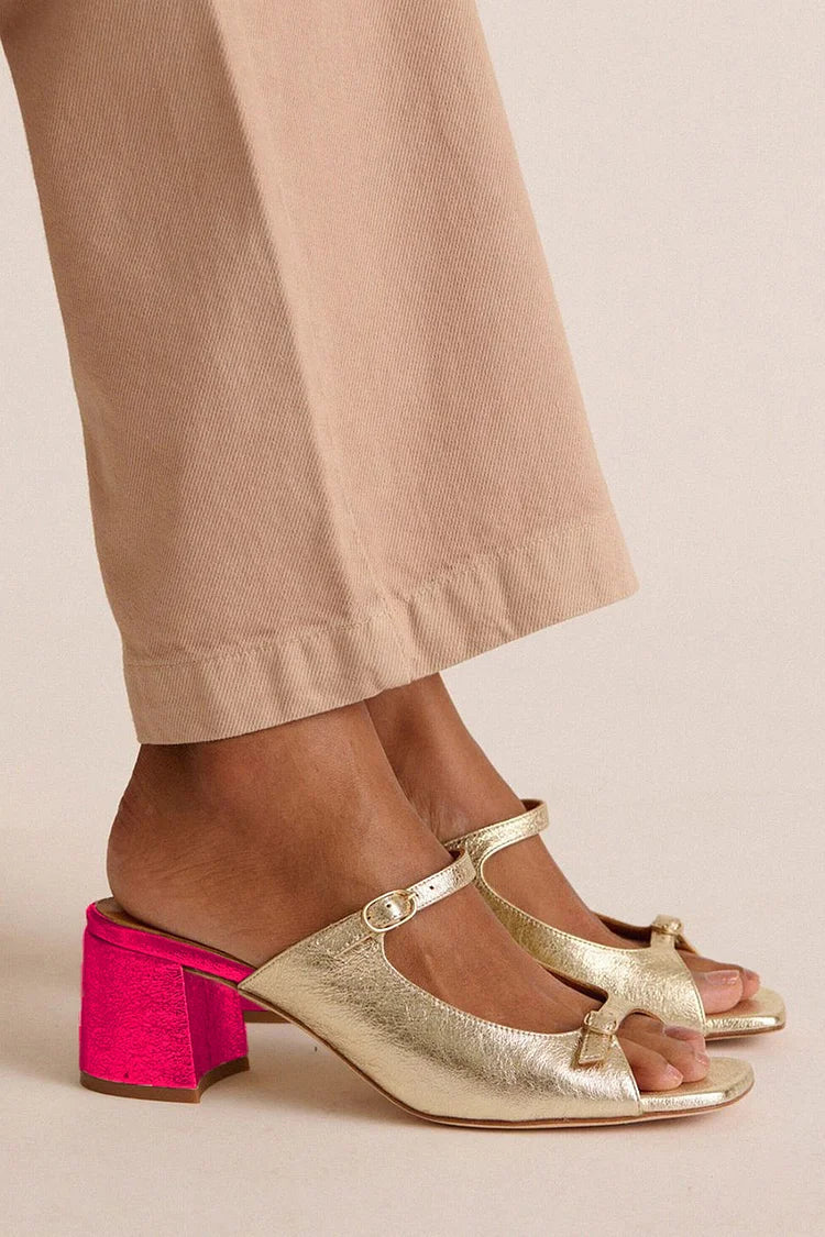 Gold Colour-Block Cut-Out Slingback Block Heels