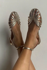 Round-Toe Cut-Out Ballet Flats with Ankle Strap