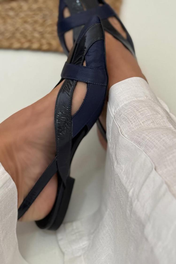 Navy Patchwork Cut-Out Pointed-Toe Slingback Ballet Flats