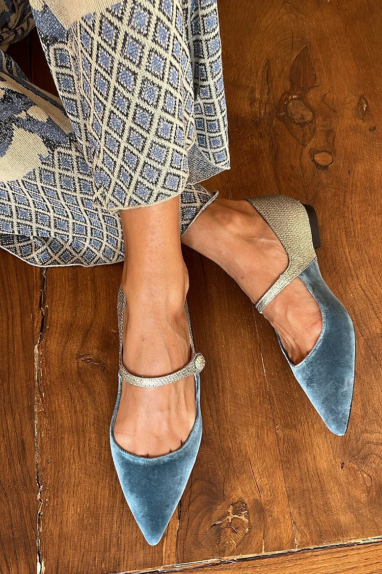 Blue Pointed-Toe Patchwork Ballet Flats with Instep Buckle Strap