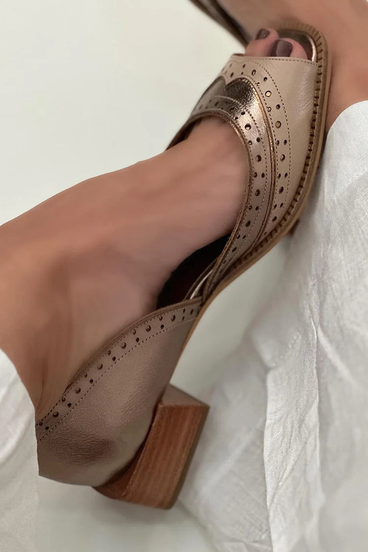 Khaki Low Block-Heel Patchwork Slip-On Shoes with Square Toe