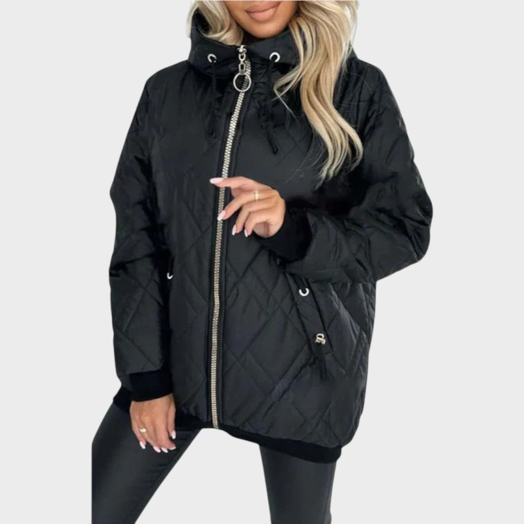 Esther diamond-quilted hooded jacket in black, front view with high collar