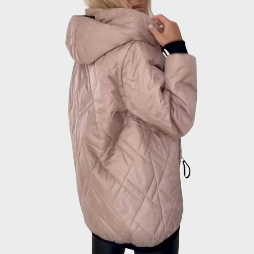 Esther diamond-quilted hooded jacket in pink, side back view with hood