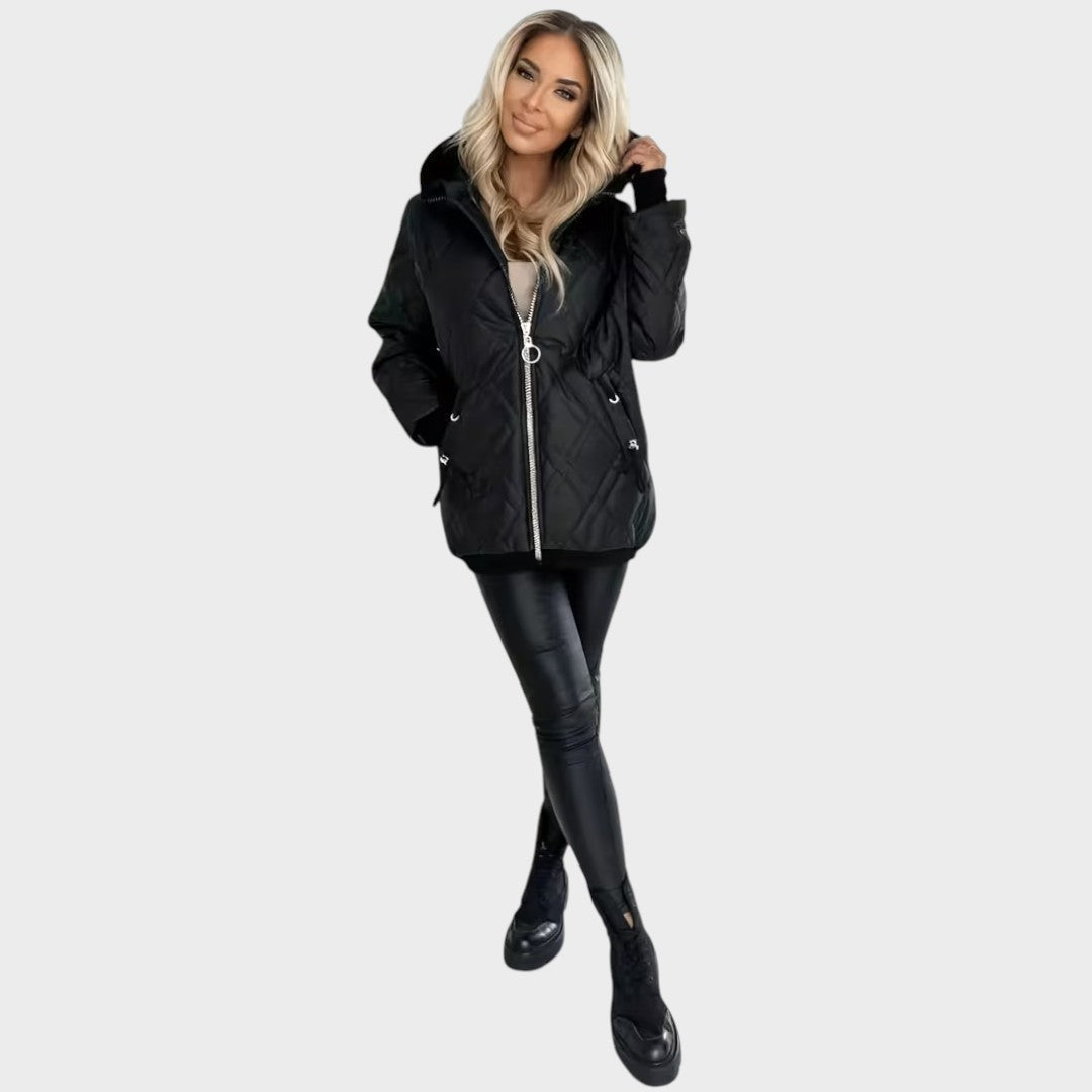Esther diamond-quilted hooded jacket in black, full-length view with leggings
